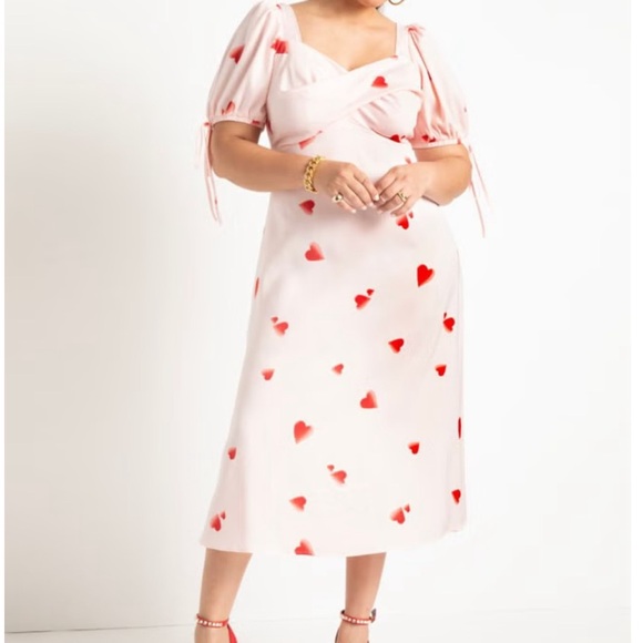 Eloquii Puff Sleeve Heart Print Pink Satin Midi Dress SIZE 16 - Picture 1 of 9